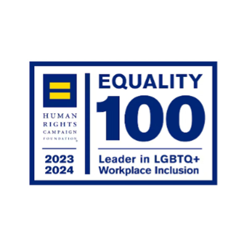 A rectangular badge from the Human Rights Campaign Foundation shows the yellow equal sign logo. Text reads 