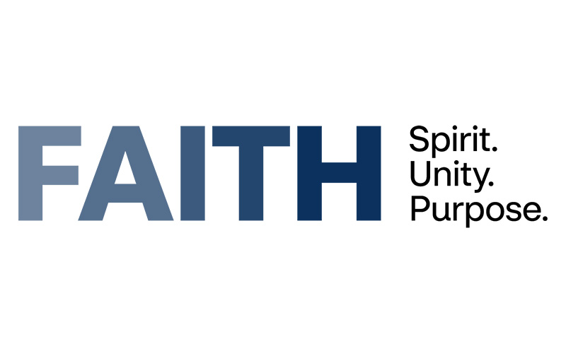 The image features the word "FAITH" in bold uppercase letters transitioning from lighter blue on the left to darker blue on the right. To the right, in black text, are the words "Spirit. Unity. Purpose." arranged vertically. Background is white.