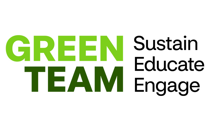 The image shows the text "GREEN TEAM" in two shades of green. To the right of "GREEN TEAM," the words "Sustain Educate Engage" are written in black. The overall color scheme is green and black.