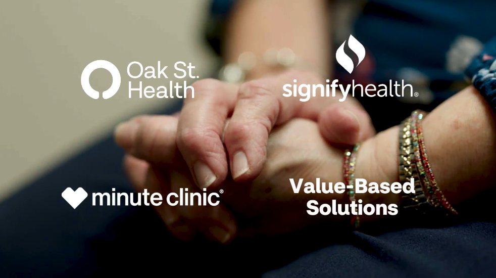 Hands gently clasped together in a supportive gesture, overlaid with logos for Oak Street Health, Signify Health, and MinuteClinic, along with the text "Value-Based Solutions. 