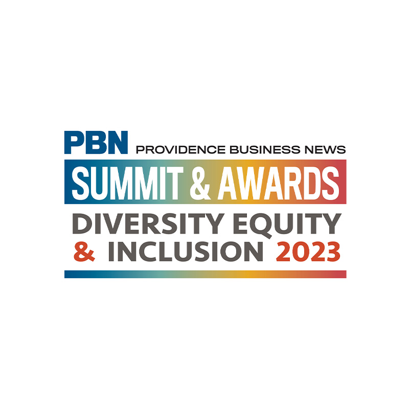 Logo for the Providence Business News Summit &amp; Awards Diversity Equity &amp; Inclusion 2023. The text "PBN Providence Business News" is in blue, with "SUMMIT &amp; AWARDS" in a white font against a gradient background and "Diversity Equity &amp; Inclusion 2023" below.