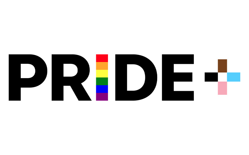 The image displays the word "PRIDE+" in bold black letters. The "I" in "PRIDE" is replaced with a vertical rainbow-colored strip. The "+" symbol includes brown and pink, blue, and white colors, representing inclusivity and diversity.