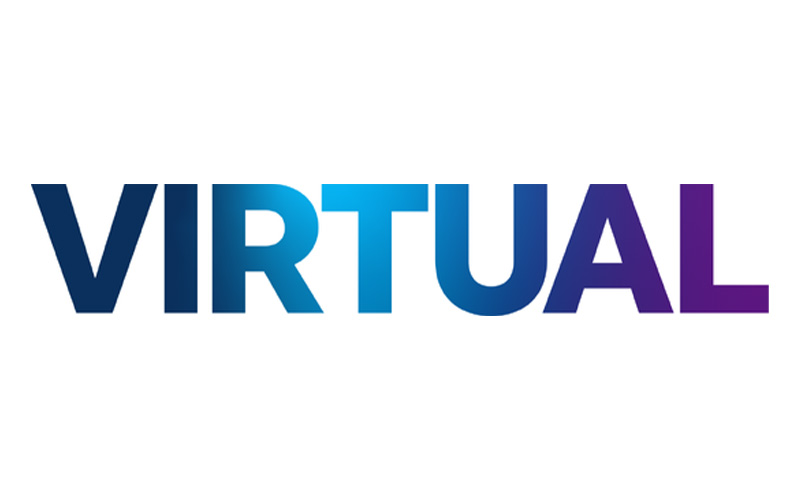 The image displays the word "VIRTUAL" in all capital letters. The color gradient of the text transitions from dark blue on the left to purple on the right, set against a white background.