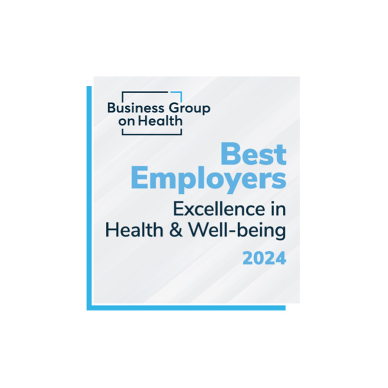 A square logo with a white background and a blue border. It reads "Business Group on Health" at the top. Below it, "Best Employers - Excellence in Health &amp; Well-being 2024" is written in blue text.