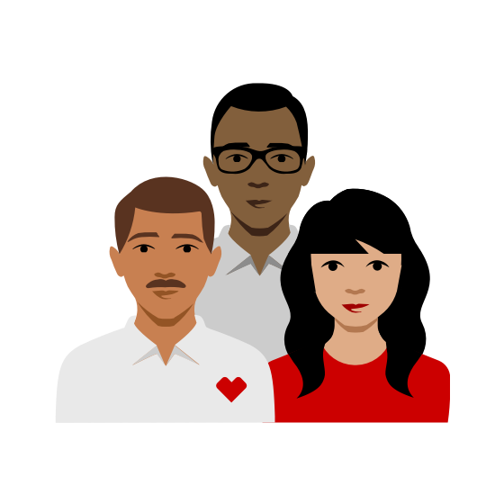 Illustration of three people, two men and one woman, standing together. The man on the left has short hair and a mustache, and wears a white shirt with a red heart. The man in the middle has glasses and a white shirt. The woman has long black hair and wears a red shirt.