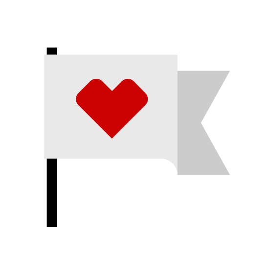 A white flag with a gray triangular tail on the right side, featuring a large red heart in the center.