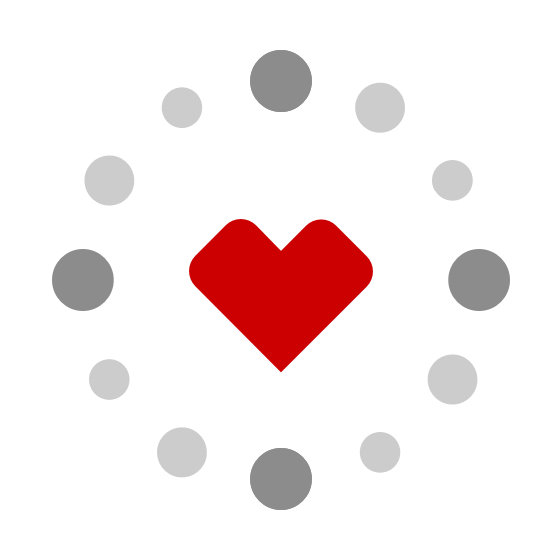 A red heart icon is centered within a circle composed of evenly spaced, gray circular dots. The heart stands out against the minimalistic black background, emphasizing love and connection.