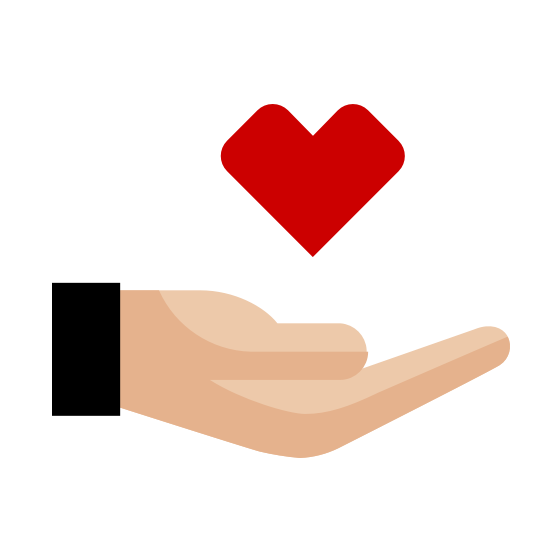 Illustration of an open hand with the palm facing up, holding a red heart above it. The heart symbolizes love, care, or charity, and the open hand suggests giving or receiving kindness. The background is transparent.