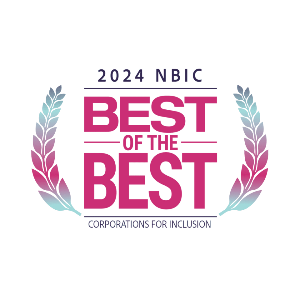 A dark pink and green logo with the words 2024 NBIC Best Of The Best Corporations for Inclusion by the National Business Inclusion Consortium