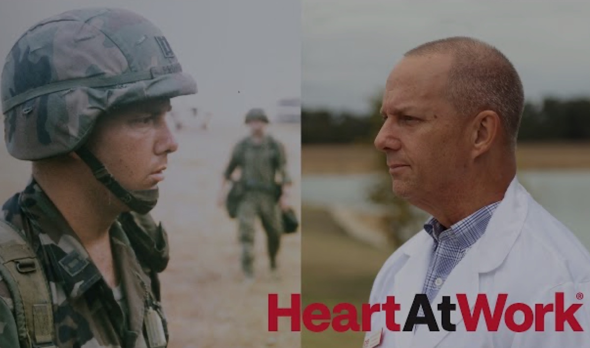 Split image: left shows a soldier in camouflage and helmet, right shows an older man in a white lab coat. Background on the left is an outdoor setting with other soldiers, on the right is an outdoor scene with trees and water. Text reads, "Heart At Work.