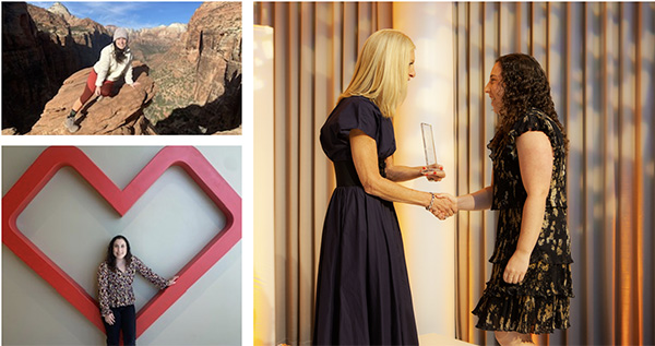 A collage of three images: Top left shows a person sitting on a rock ledge with a scenic canyon background. Bottom left features a person standing in front of a large heart-shaped frame. Right image displays two women, one in a black dress, shaking hands and smiling.