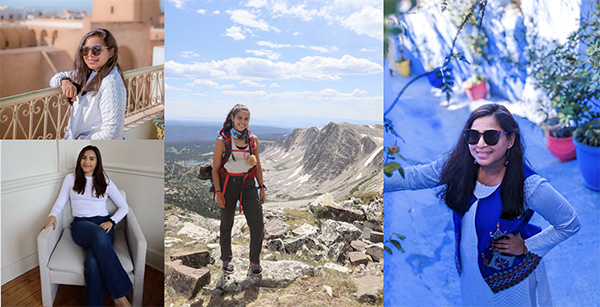 A collage of four images featuring the same woman in different settings: wearing sunglasses on a balcony, sitting indoors in a chair, dressed in hiking gear on a mountain, and posing in a vibrant outdoor alleyway.