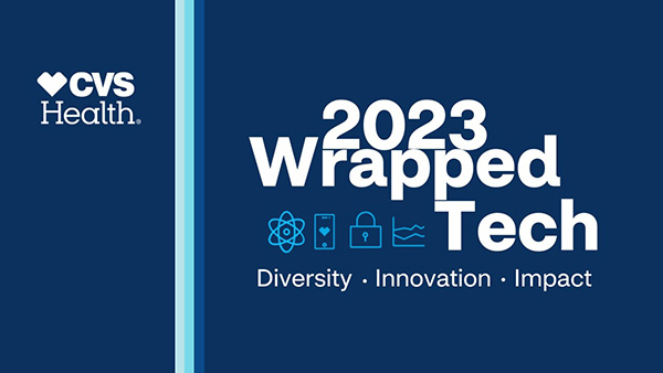 A dark blue graphic with "CVS Health" in the top left corner. Large white text reads "2023 Wrapped Tech" to the right, with icons of a molecule, smartphone, lock, and graph beneath. Smaller text at the bottom states "Diversity · Innovation · Impact".