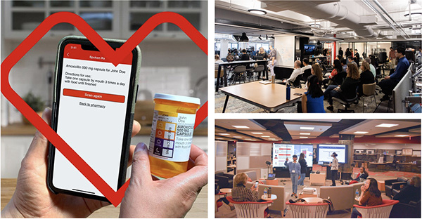 A collage of three images: The first image shows a person using a mobile app to scan a prescription bottle. The second image features a group of people attending a presentation in a modern office space. The third image shows another group in a casual meeting area with screens.