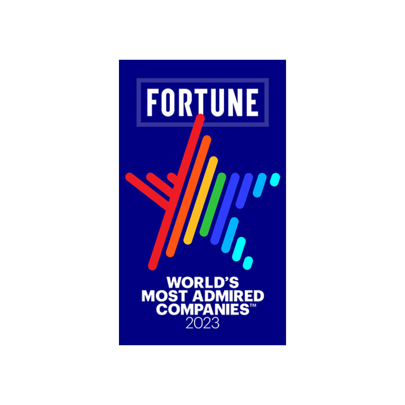 A blue rectangular plaque with the title "FORTUNE" at the top in white text. Below it is a multicolored abstract star design, followed by the text "WORLD'S MOST ADMIRED COMPANIES 2023” in white capital letters.