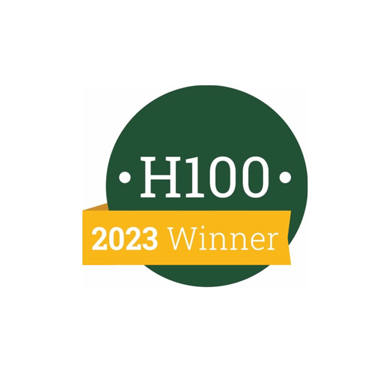 A green circle with white text reading "H100." A yellow banner overlays the bottom part of the circle with the text "2023 Winner" in white.