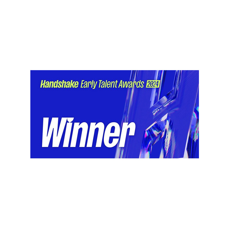 A blue graphic with white text announces the Handshake Early Talent Awards 2024 winner. The word 