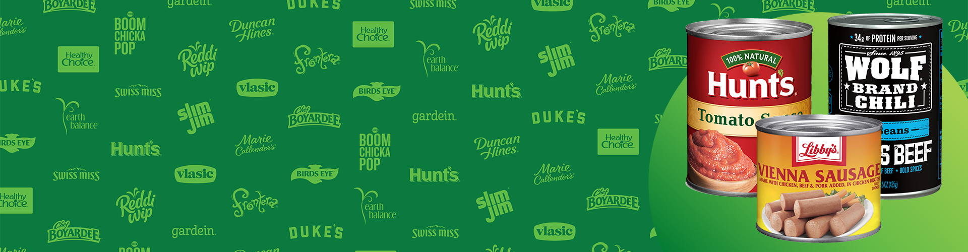 Green logo banner featuring canned goods from Hunt's, Wolf Brand Chili and Libby's