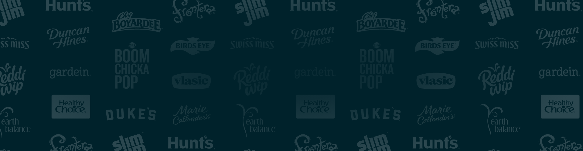 Dark blue background featuring 15 of Conagra Brands' product logos