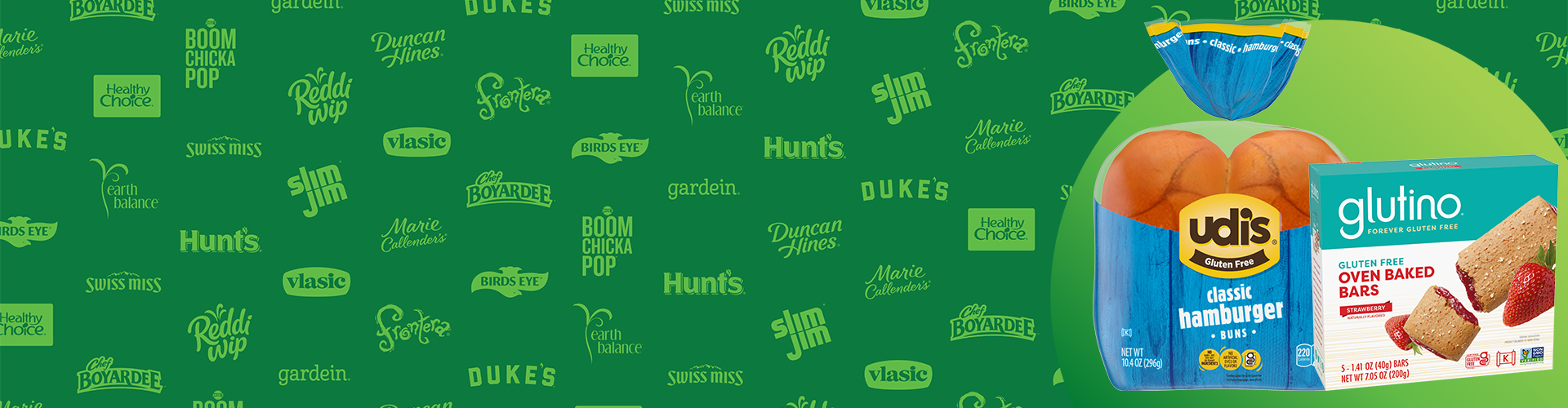 Green banner with logos and brand images of Udi's and Glutino