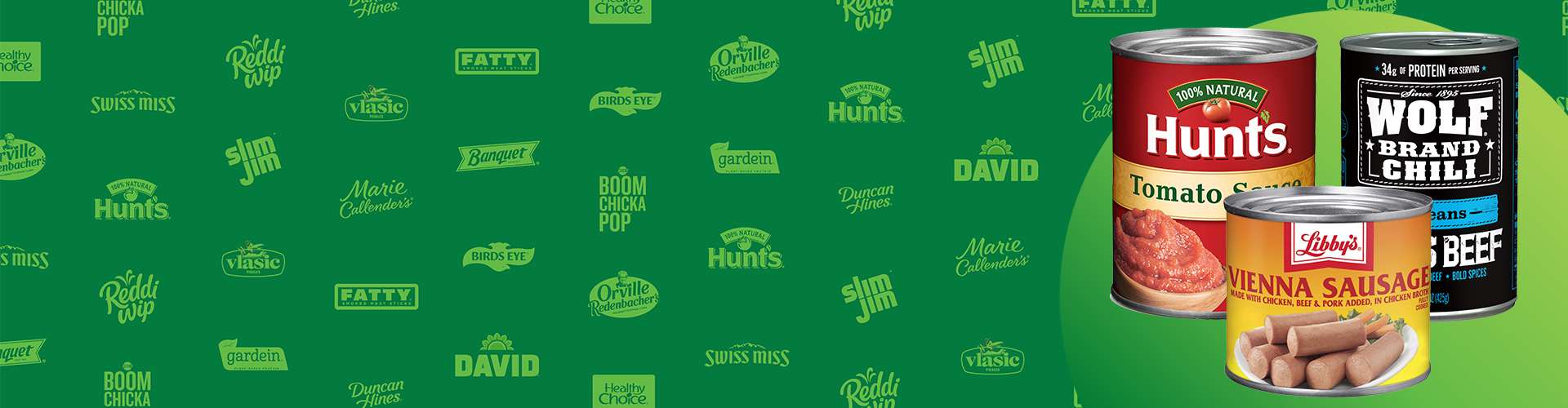 Green banner featuring Conagra Brands product logos and cans of Hunts tomato sauce, Wolf Brand Chili and Libby Vienna Sausage