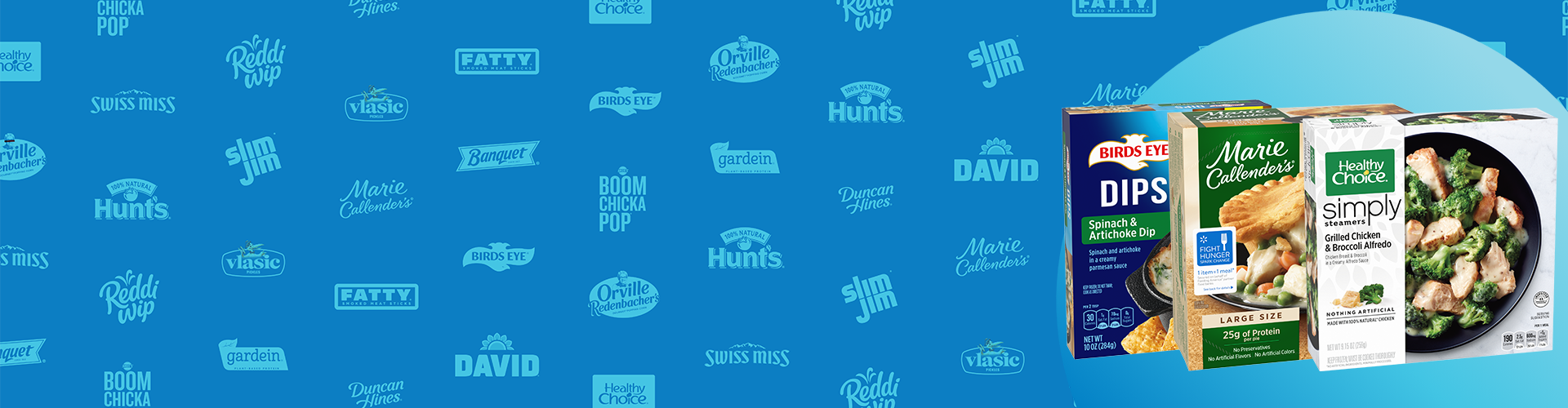 Blue banner featuring Conagra Brands product logos and packaging for Birds Eye, Marie Callender's and Healthy Choice
