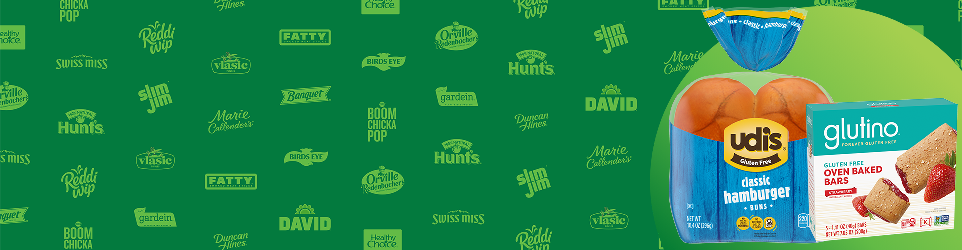 Green banner featuring Conagra Brands product logos and Udi's hamburger buns and glutino bars product images