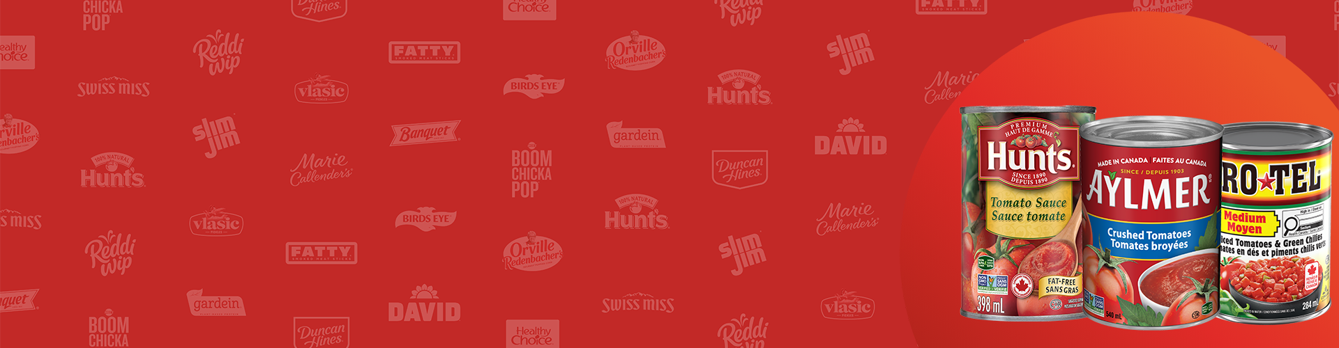 Red banner featuring Conagra products from Hunts, Aylmer and Rotel