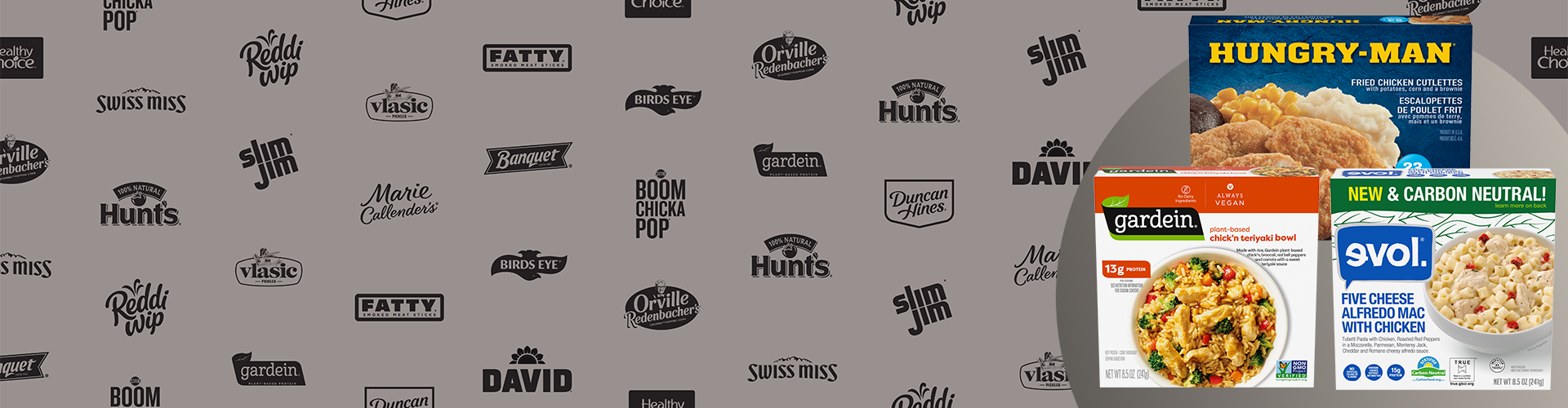 Packages of Hungry Man, Gardein and evol on a gray background with Conagra brand logos
