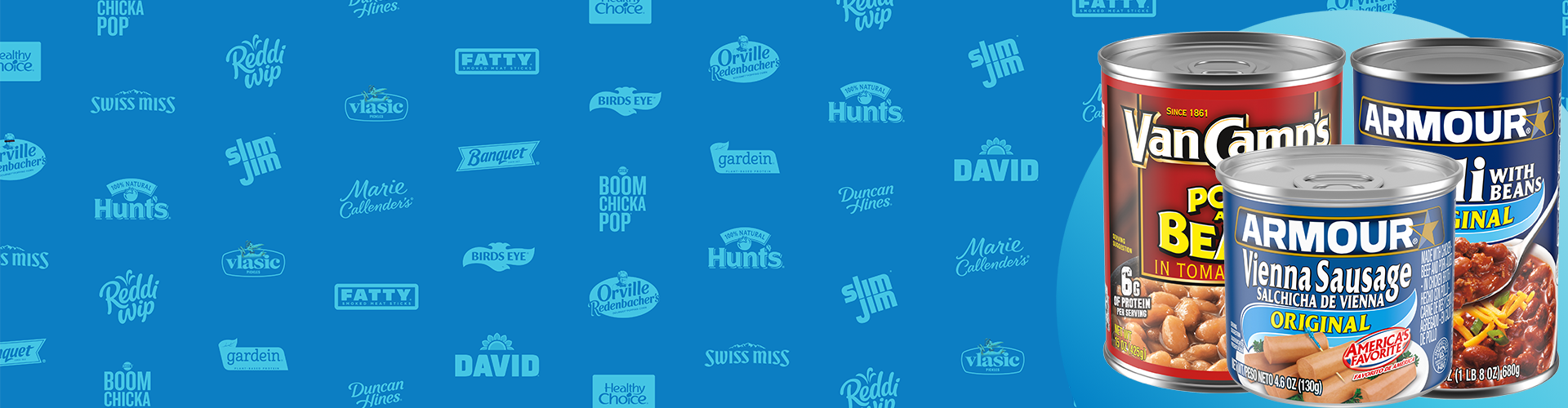 Logo background in bright blue with cans of Van Camp's Pork and Beans and Armour Vienna Sausages and Chili.