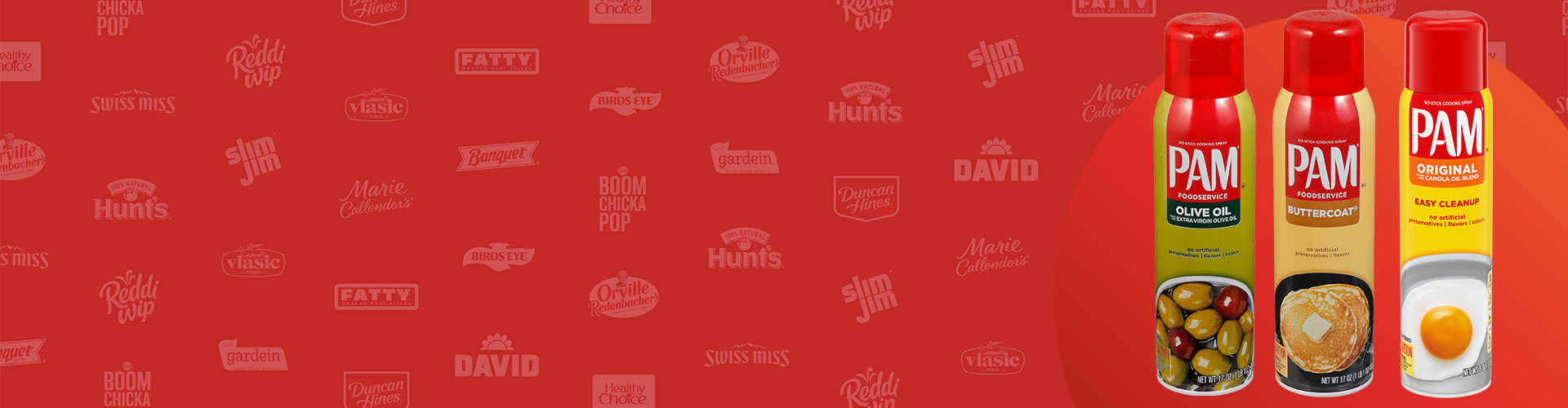 Red background with Conagra Brands product logos and product images of PAM cooking sprays