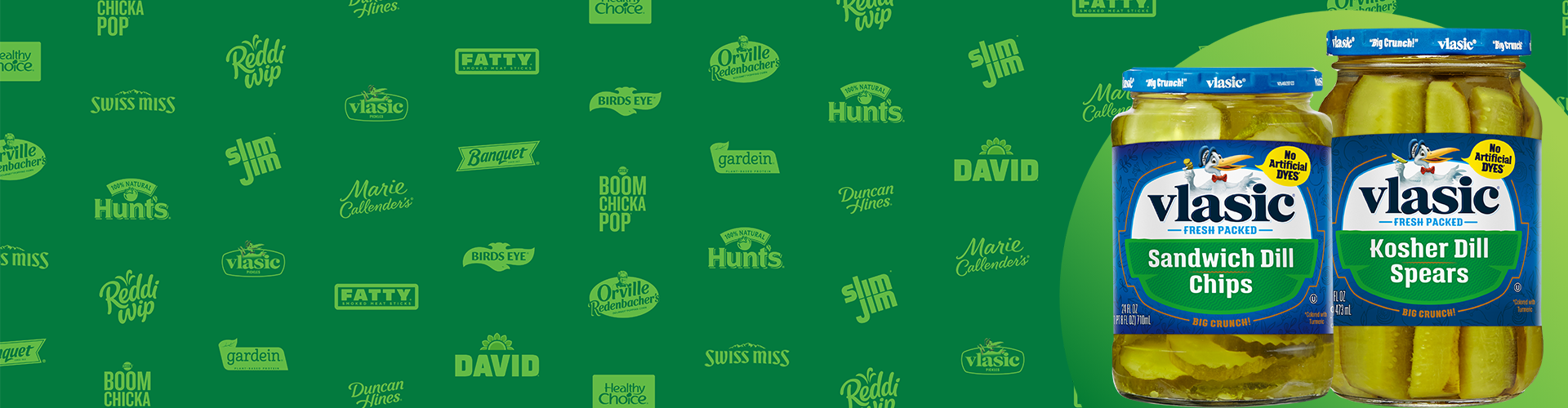 Vlasic pickle jars on a green background featuring Conagra brand logos