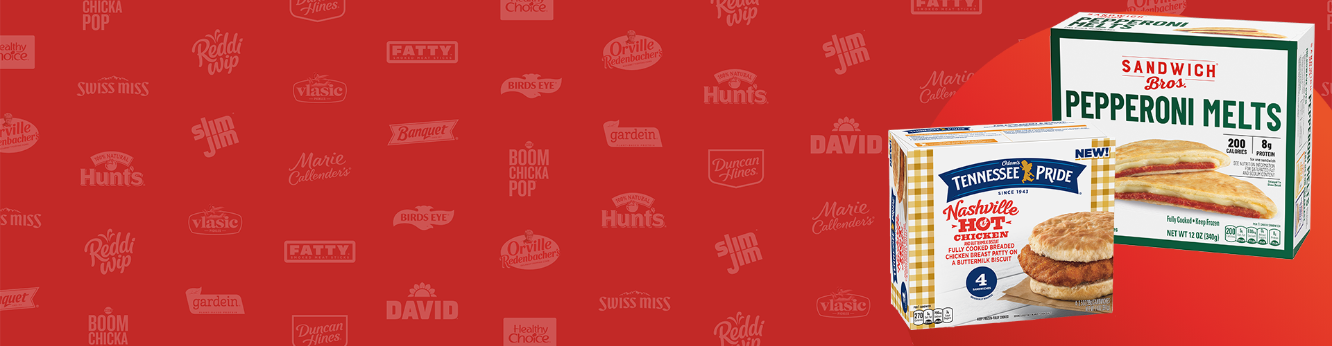 Red logo banner featuring a box of Odom's Tennessee Pride and Sandwich Bros. 