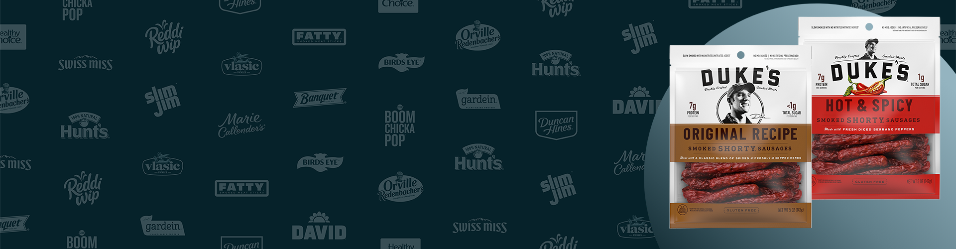 Dark blue Conagra logo banner featuring bags of Duke's sausages