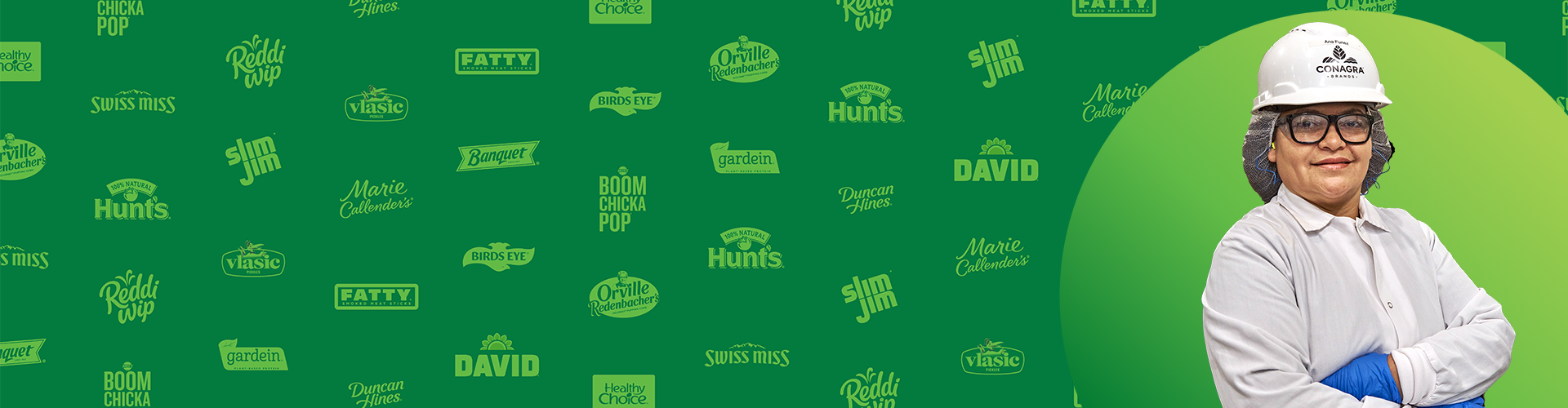 Green background featuring Conagra Brands logos and an employee wearing a hard hat and other PPE