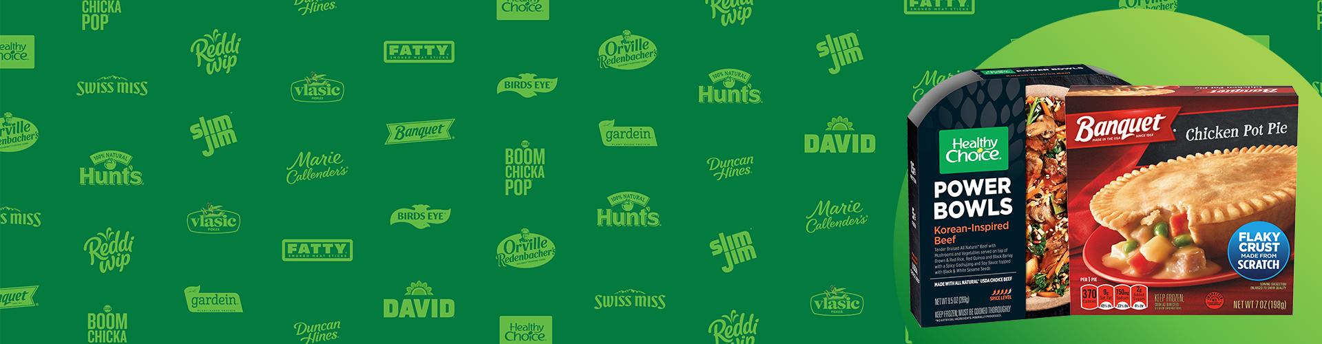 Green logo banner with a Healthy Choice Power Bowl and a Banquet Chicken Pot Pie featured.