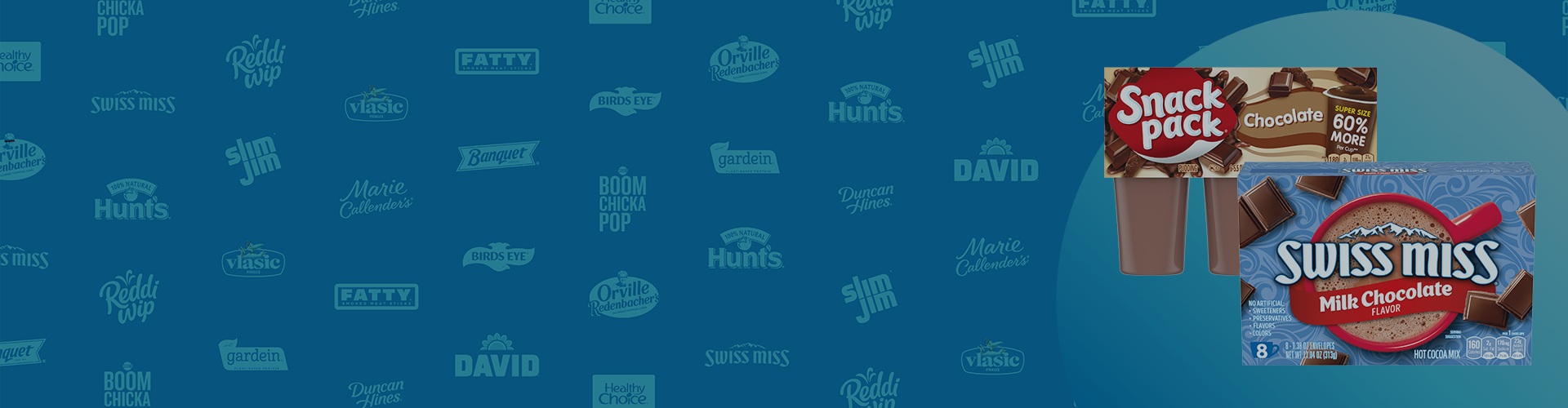 Blue banner featuring brand logo for Conagra products and images of Snack Pak and Swiss Miss