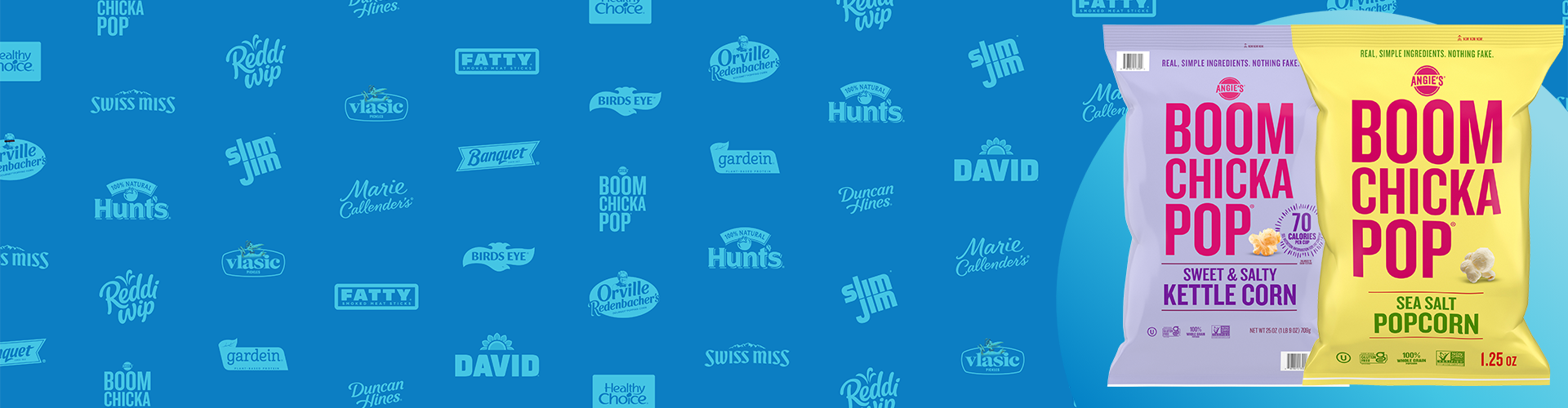 Blue background with logos on it and images of Angie's Boom Chicka Pop bags