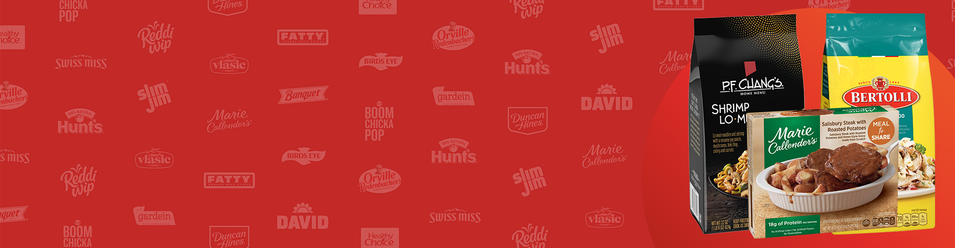 Red logo background with products from P.F. Chang's, Bertolli and Marie Callender's