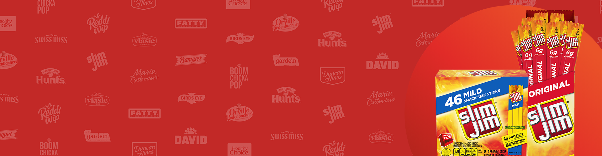 Red banner with Slim Jim products and a logo background featuring Conagra brands.