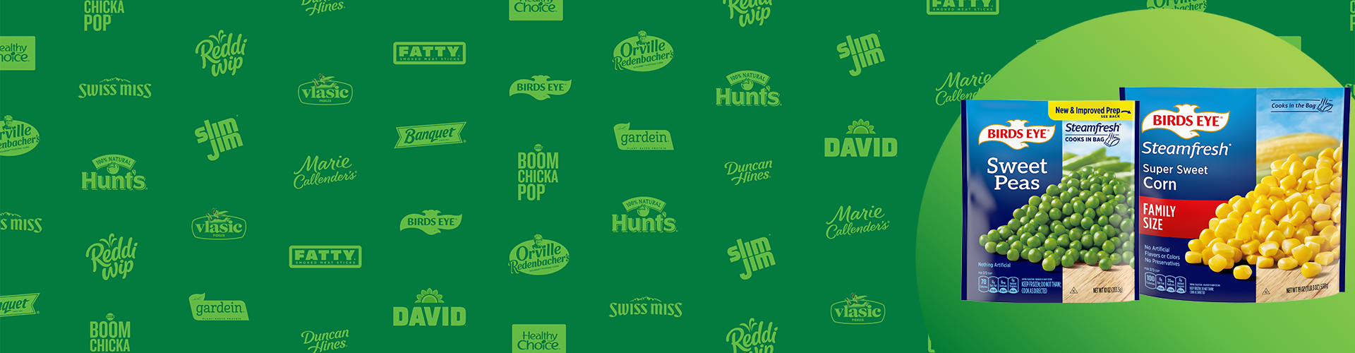 Green banner featuring logos of Conagra brands and packages of sweat peas and corn