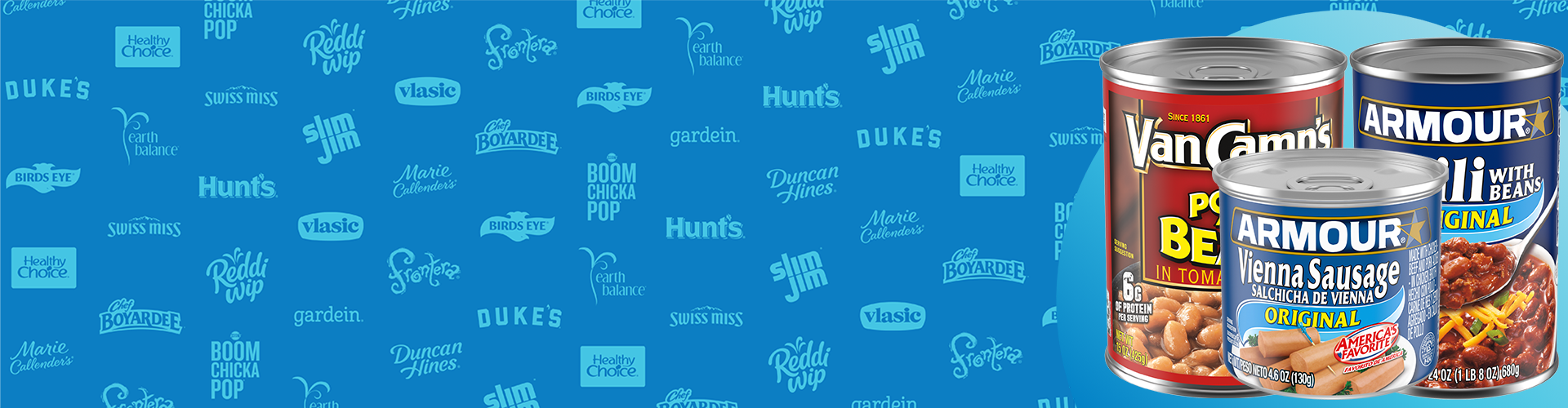 Logo background in bright blue with cans of Van Camp's Pork and Beans and Armour Vienna Sausages and Chili.