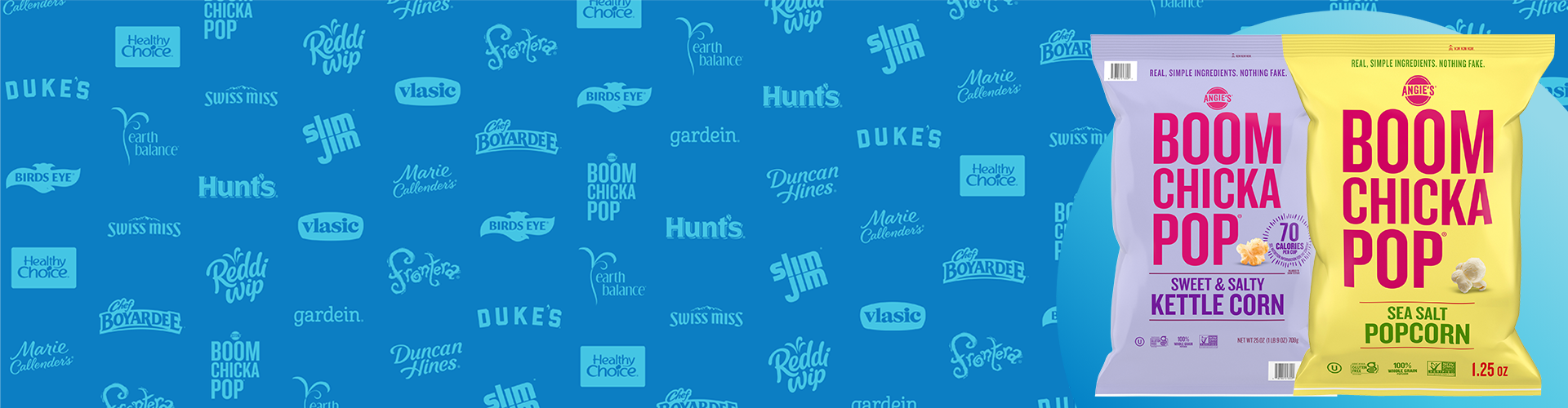 Blue background with logos on it and images of Angie's Boom Chicka Pop bags