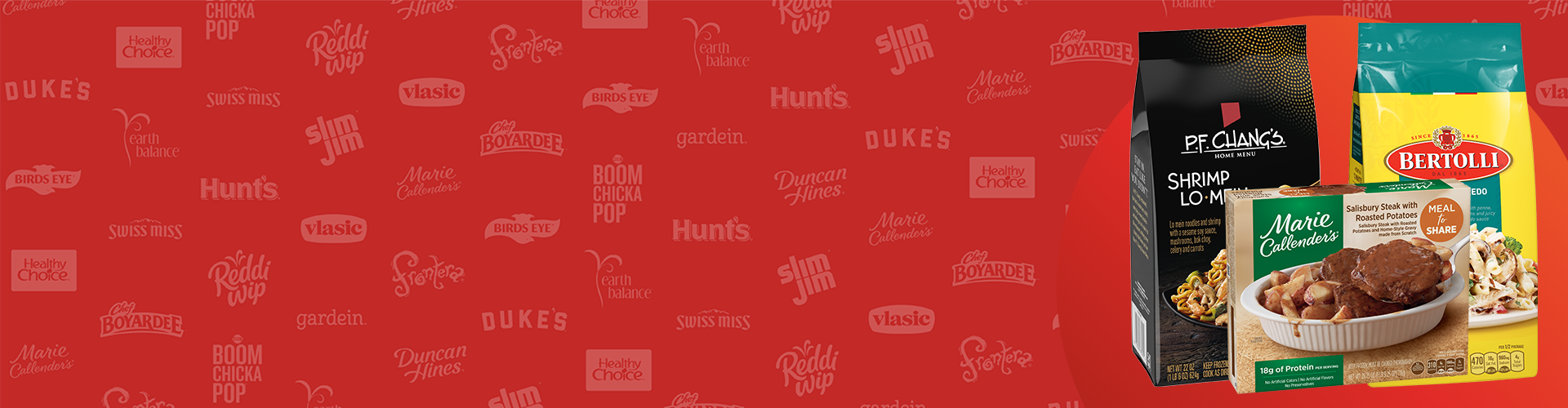 Red logo background with products from P.F. Chang's, Bertolli and Marie Callender's