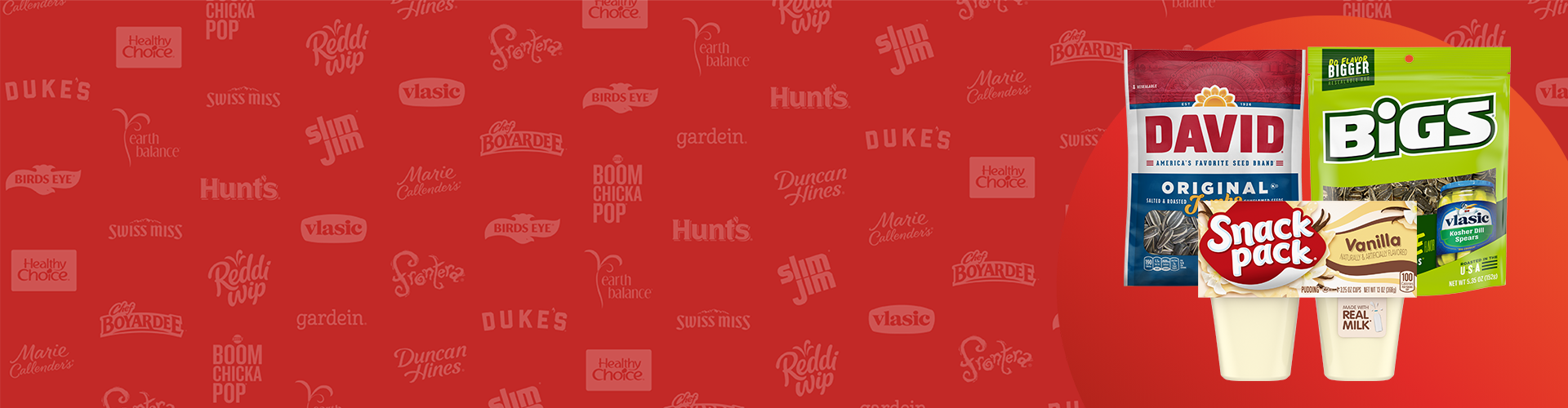 Red logo background with packing for David's Seeds, BIGS Seeds and a package of vanilla Snack Pack