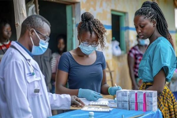 two medical personnel in masks review papers while a local woman looks on 