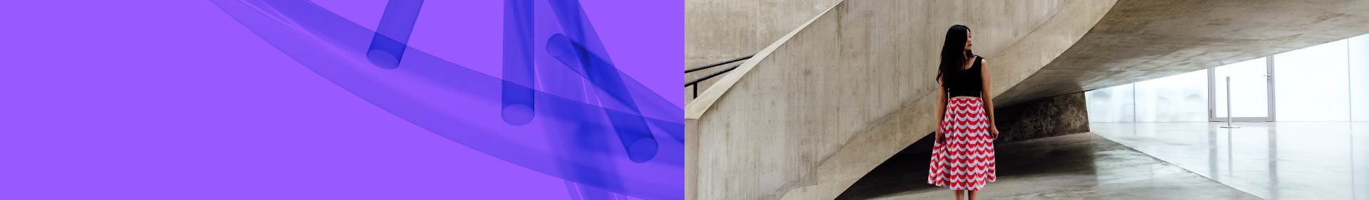 split image, on the left a close up of dna, on the right a woman in a red striped dress standing in front of a concrete staircase
