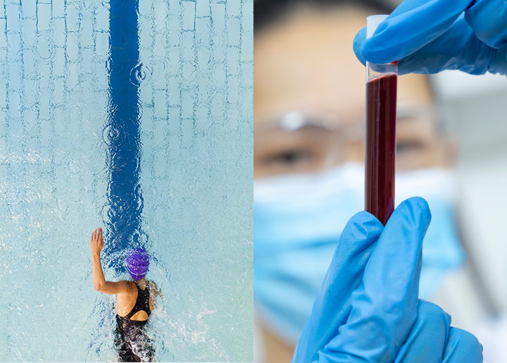 split image, on the left a person swimming alone in a pool, on the right a scientist holding up and examining a vial of red liquid