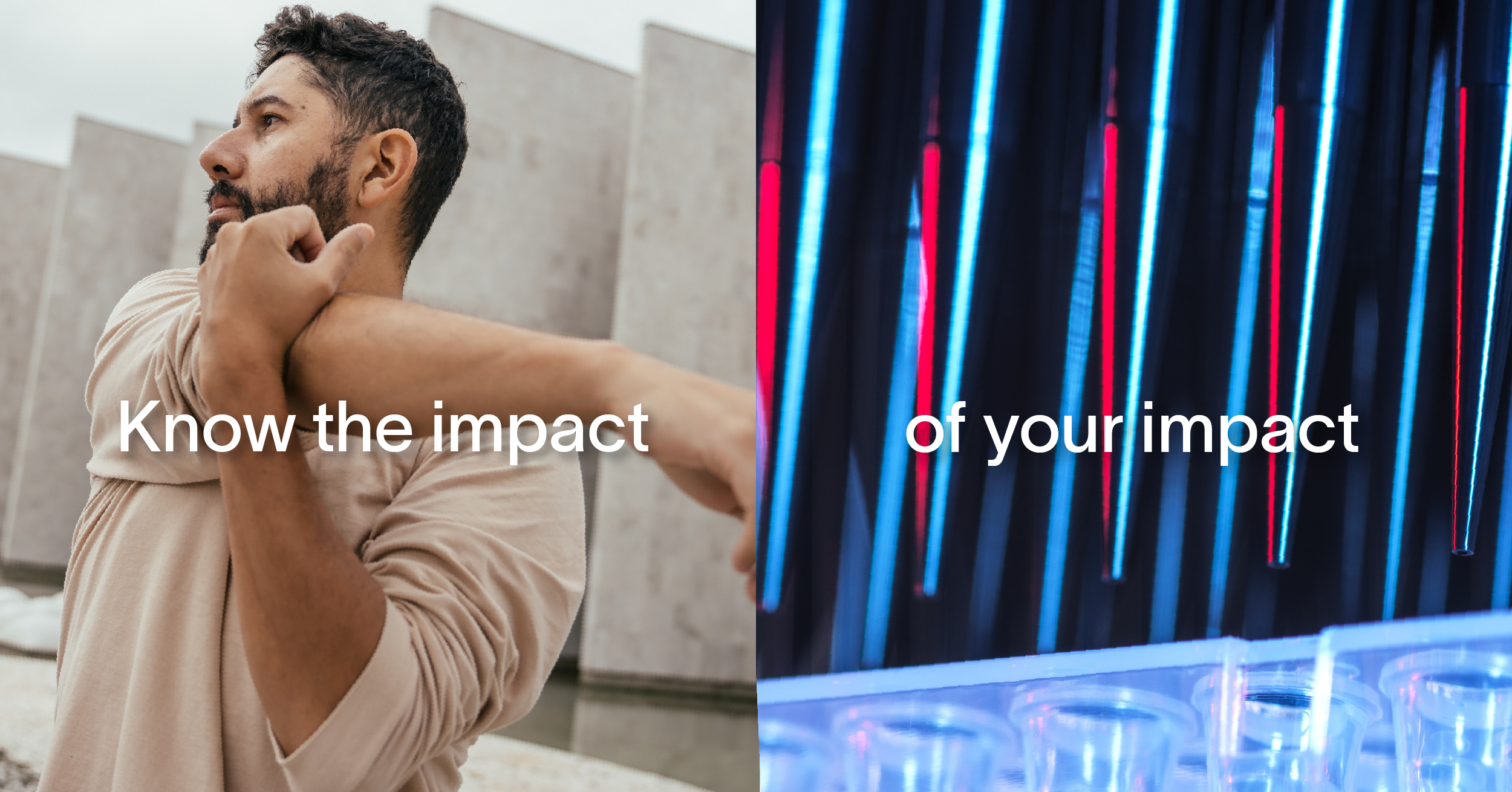 know the impact of your impact overlaid on a split image of a man stretching his arm while looking to his right and an image of test tubes in a lab
