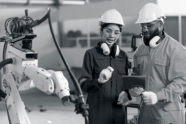engineers examine a tablet together next to a manufacturing machine